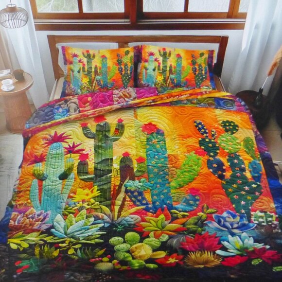 Vantique Flowering Cactus King Quilt Bedspread & Shams Southwest Desert 104x 94 - Picture 1 of 5